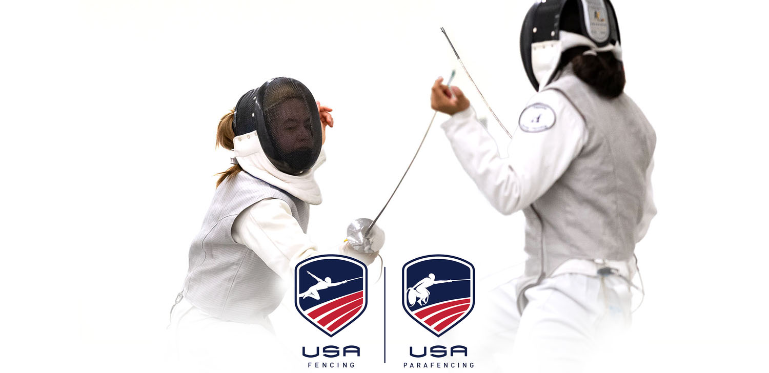 two fencers in a match, with the US Fencing and US Parafencing logos in the foreground.