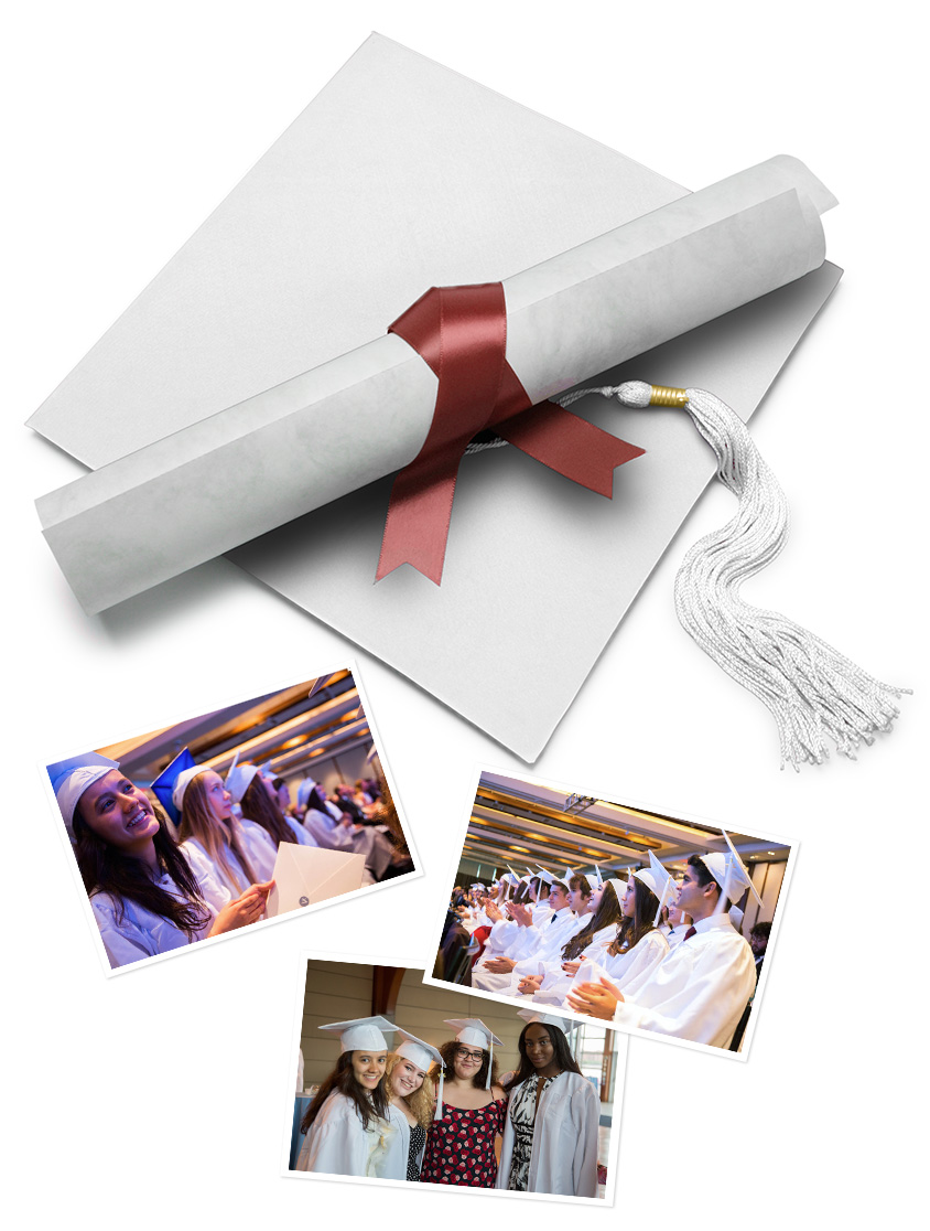 A mortarboard and diploma alongside scattered graduation photos