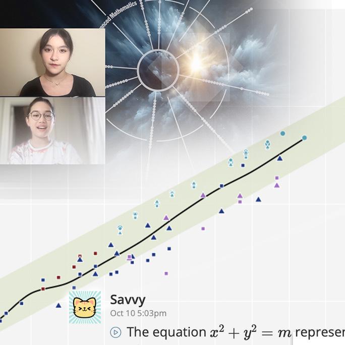 a collage showing Institute for Advanced Mathematics students on video, a student’s Flight Path graph, and a response about math from Savvy AI