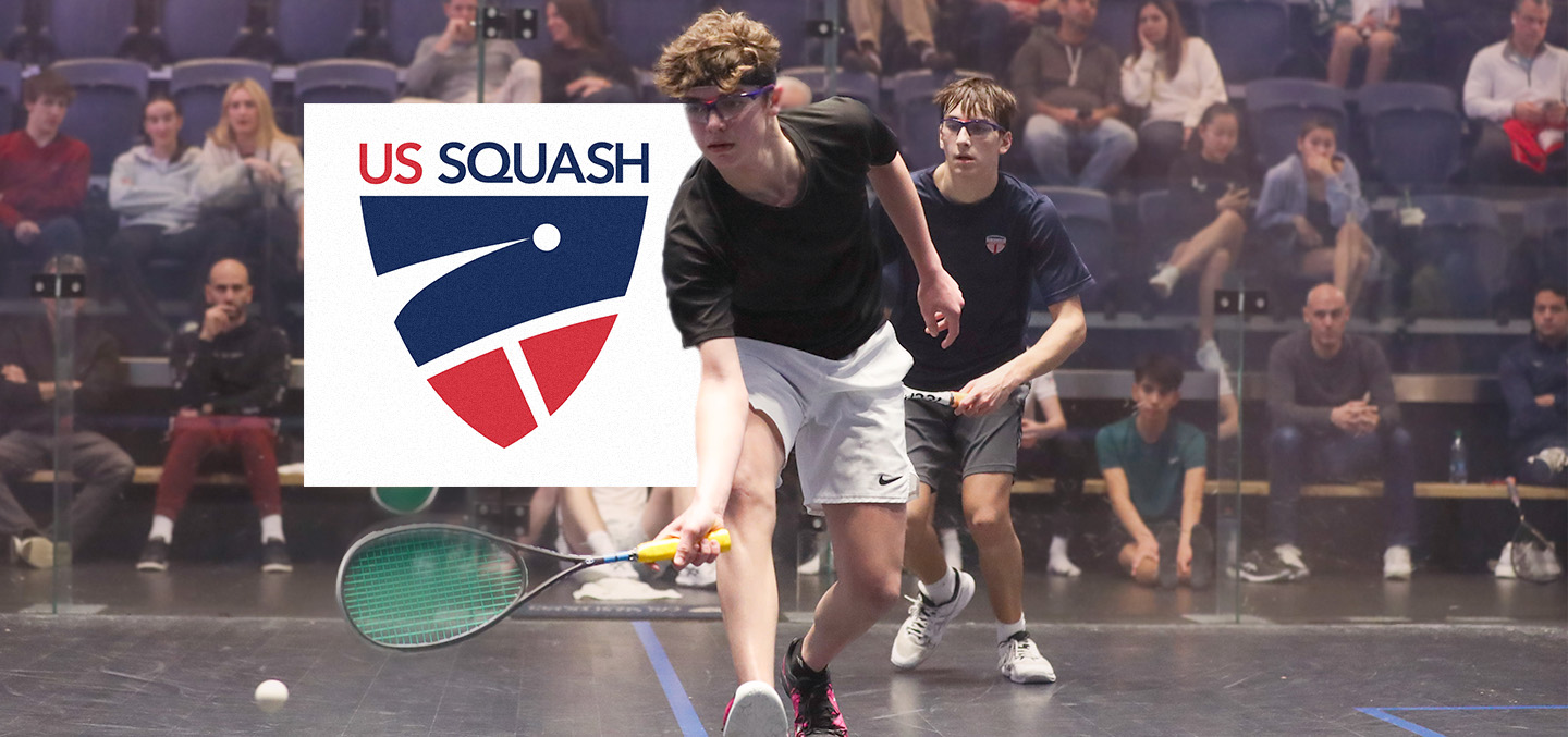 Two squash players with the US Squash logo