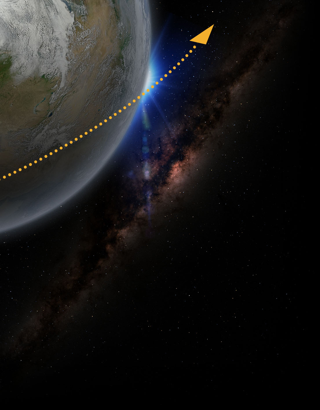 a view from space of sunrise over the Earth. a dotted orange line with an arrow indicates an elliptical path escaping orbit.