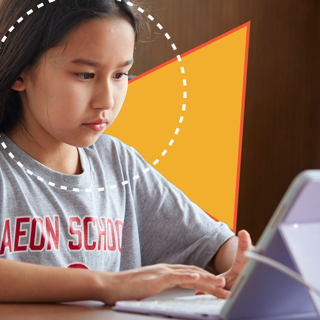 a student works on her tablet with keyboard. a dashed circle and upward facing arrow represent the quest for excellence