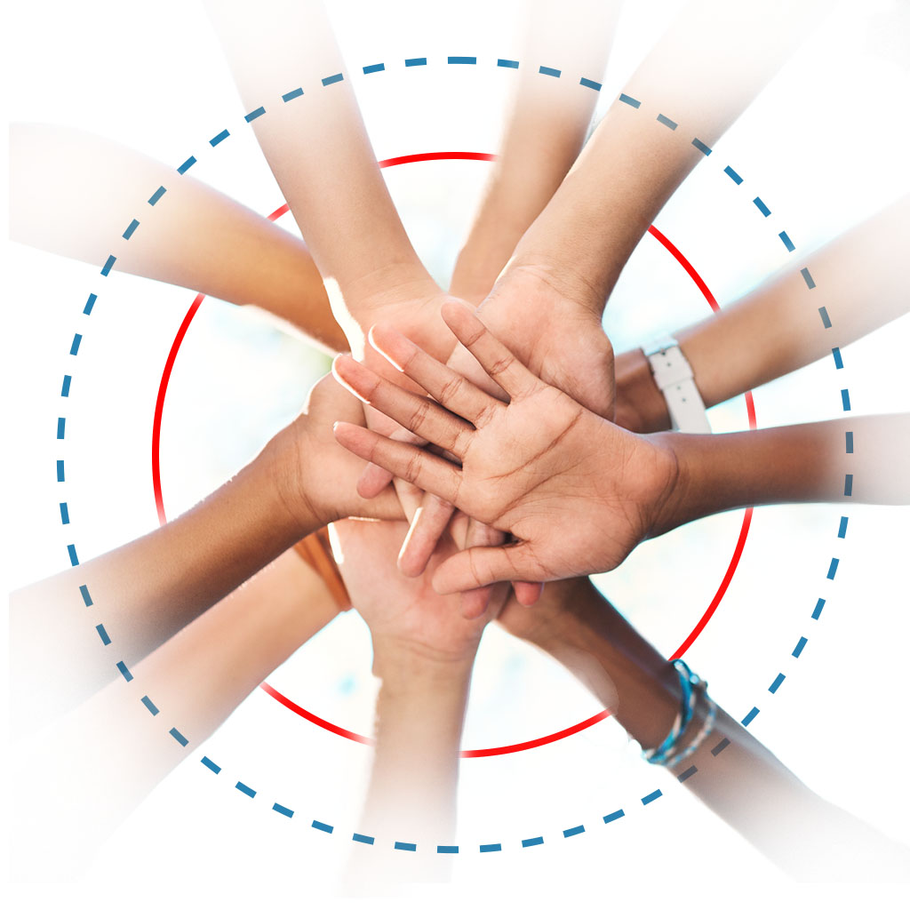 tudents grouped in a circle each with a hand stacked in the center. circles grow concentrically from the center