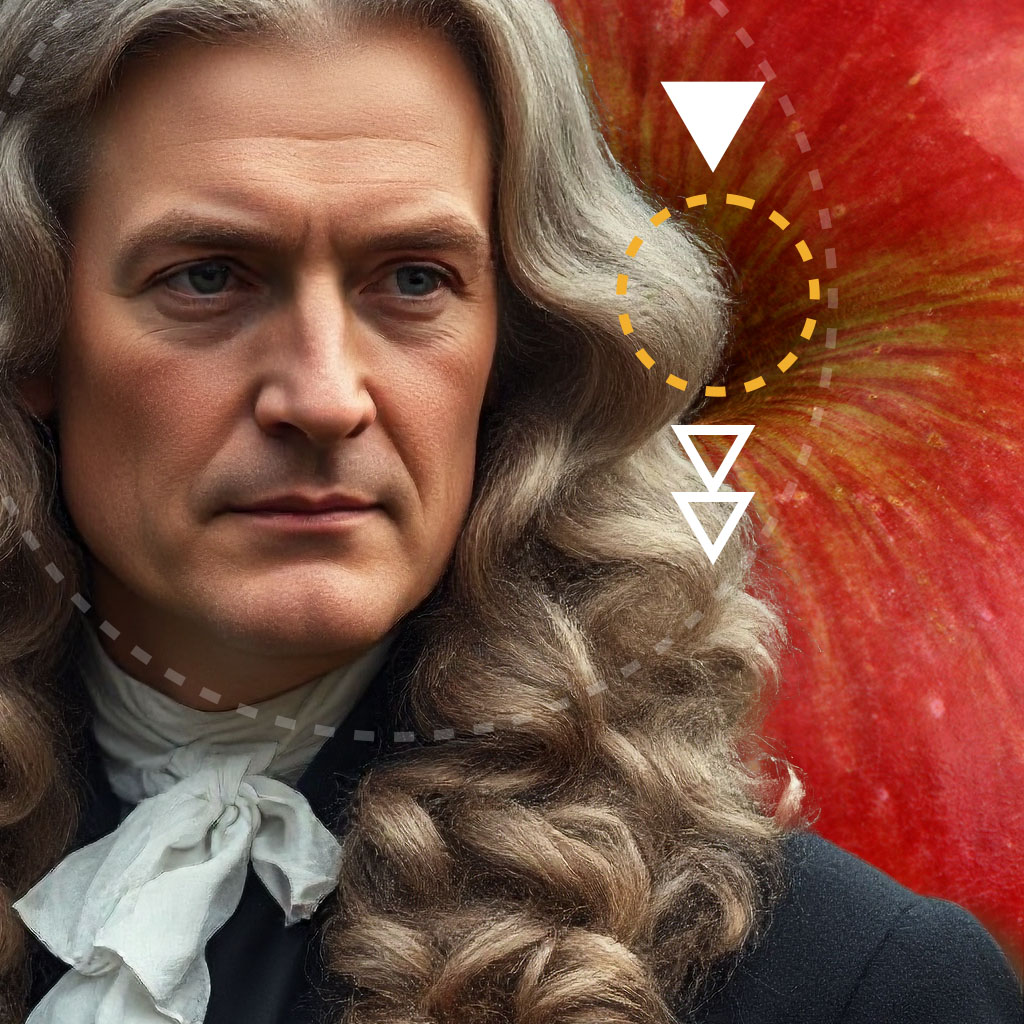 a photographic image of Isaac Newton in front of a closeup of a red apple and with symbols for the interaction of force, mass, and acceleration